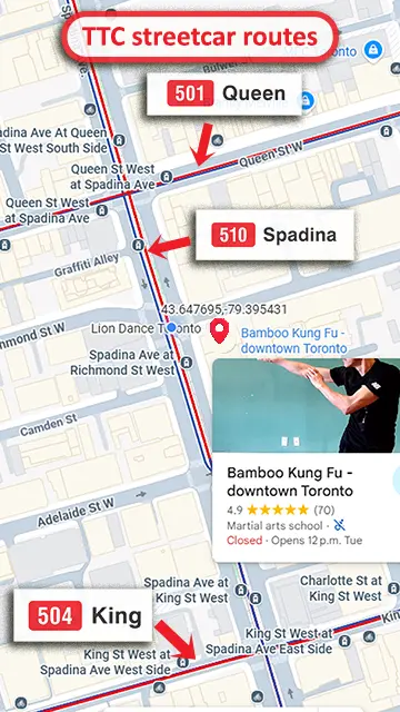 Map of Bamboo Kung Fu - downtown Toronto neighbourhood with TTC routes.